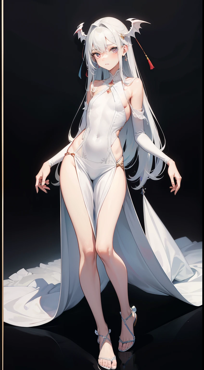 ((best quality)), ((masterpiece)), (detailed), perfect face, Character design, female, long white grey hair, wearing a white angelic dress, red grey eyes, small frame, very skinny, detailed, best quality, no accesoires around the neck, no shoes, prominent collarbones, skinny arms, flat stomach, visible hip bones, full body, vampire