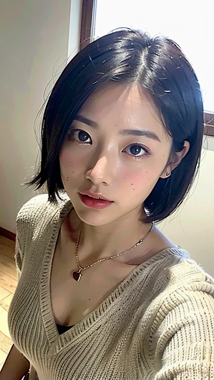 (highest quality、8k、32k、masterpiece、Ultra-high resolution:1.2)、Cute Japanese Women Photos、Big ample breasts、Very short bob hair、Upper body、Face Focus、Extra Large_sweater、necklace、Simple Background、From above、Looking at the audience、highest quality、masterpiece、High Resolution、1 girl、、Beautiful face high resolution, 4K, 8k