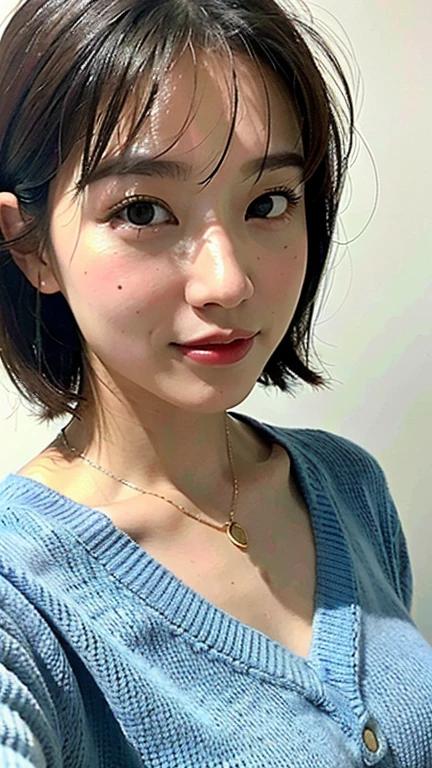 (highest quality、8k、32k、masterpiece、Ultra-high resolution:1.2)、Cute Japanese Women Photos、Big ample breasts、Very short bob hair、Upper body、Face Focus、Extra Large_sweater、necklace、Simple Background、From above、Looking at the audience、highest quality、masterpiece、High Resolution、1 girl、、Beautiful face high resolution, 4K, 8k