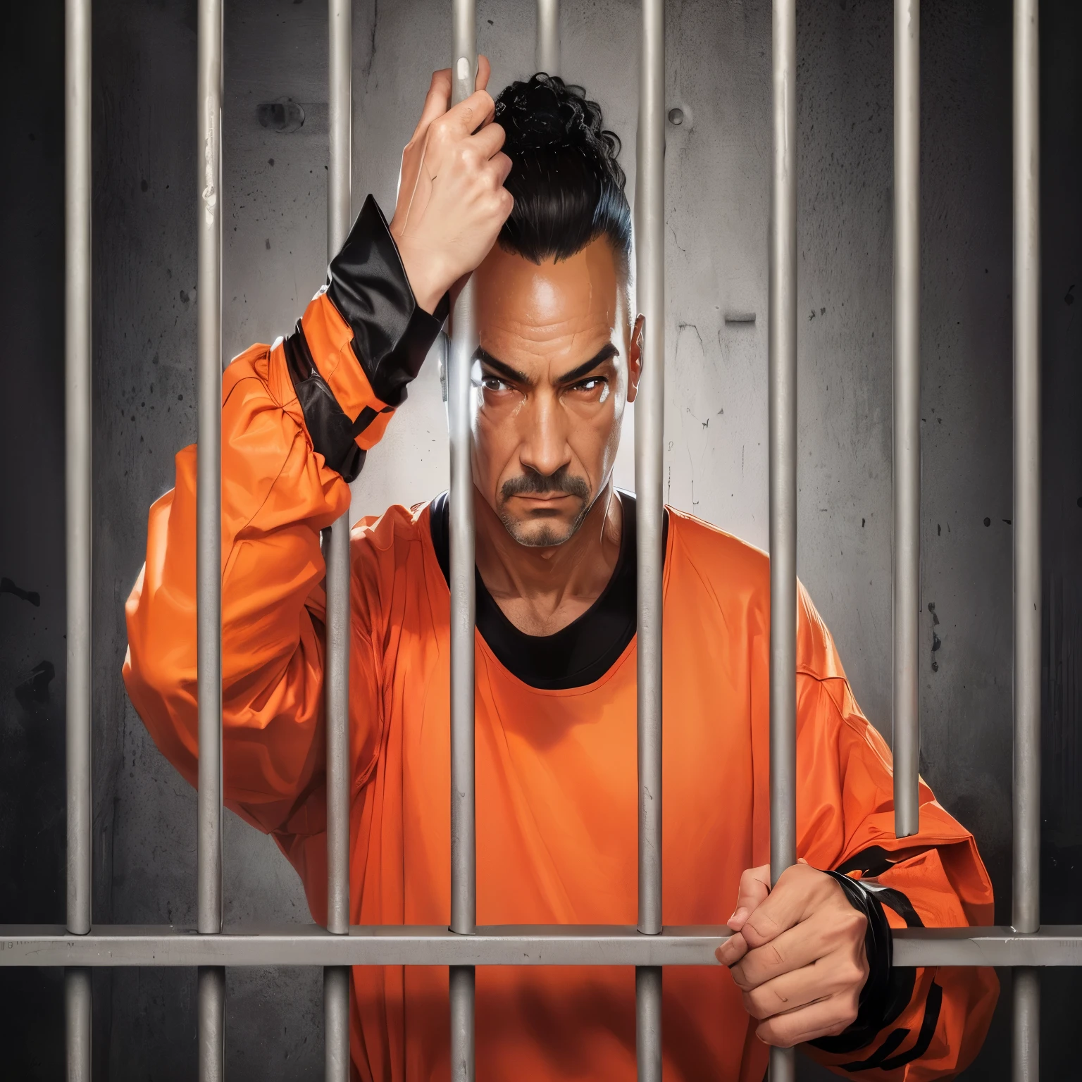 arafed man in an orange shirt is holding a jail cell, wearing orange prison jumpsuit, in jail, cell bars, stood in a cell, sad prisoner holding ipad, dressed in orange inmate attire, jail, prisoner, sad steven seagal in jail cell, donald trump in jail, with prison clothing, behind bars, wearing prison jumpsuit, prison bars, in prison