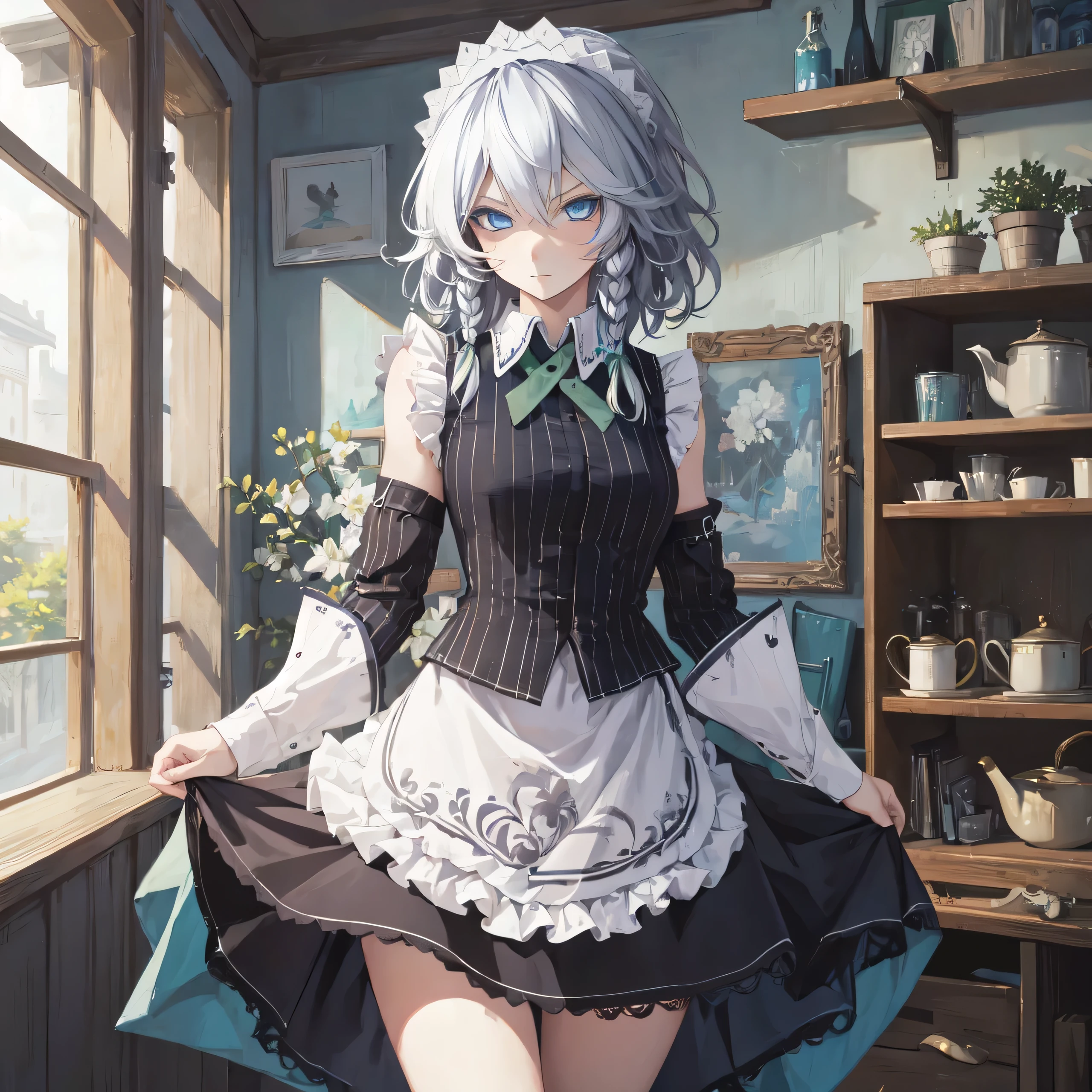 masterpiece, best quality,  1girl, solo, sakuya izayoi, silver hair, maid dress, white apron, very short skirt, sexy pose,, sleeveless outfit, detailed face, detailed eyes, fresh blue eyes, big green ribbons, blue outfit, small-to-medium breasts, white hair, bowtie girl, white maid headband