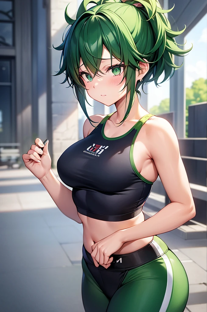 Craft a highly detailed, high-quality image featuring Izuku Midoriya as a girl with a shorter hairstyle, radiating confidence in a gym-ready ensemble. Visualize her with her trademark green hair now styled into a chic short cut, framing her face with effortless grace. Her vibrant green eyes should shine with determination and strength, reflecting her unwavering resolve. In this depiction, Izuku should be dressed in a sleek and modern gym outfit, comprising flex-leggings and a crop top. The leggings should fit snugly, accentuating her athletic physique while allowing for freedom of movement. The crop top should be stylish yet functional, providing both support and style as she engages in her training regimen. Focus on capturing the energy and dynamism of Izuku's character, showcasing her dedication to her physical fitness and her commitment to becoming the best version of herself. Whether she's striking a pose or in the midst of a training session, convey her determination and drive through her body language and expression. Attend to the finer details of her attire, from the texture of the fabric to the design elements that make her outfit unique. Consider incorporating subtle embellishments or accessories that add a touch of personality to her gym attire, reflecting Izuku's individual sense of style. Ultimately, aim to create a visually captivating image that celebrates Izuku Midoriya's strength, resilience, and determination, capturing her essence in every brushstroke or pixel. Let her short hair and gym outfit serve as symbols of her growth and evolution, inspiring viewers with her unstoppable spirit.