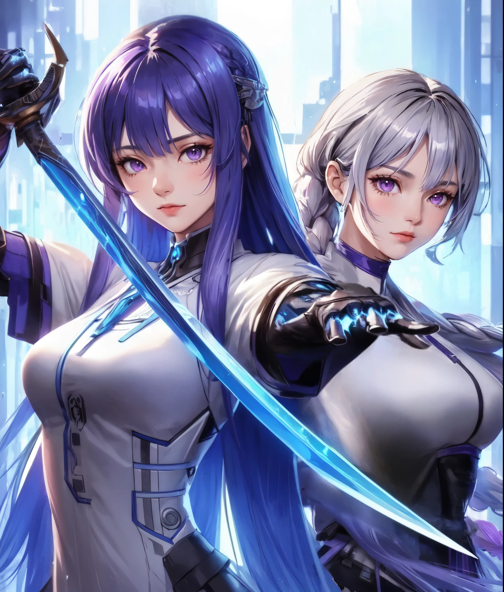 2ladies standing, (futuristic costume) (stylish outfit), mature female, cool expression, (light smile:0.8), dignified, (masterpiece best quality:1.2) delicate illustration ultra-detailed, large breasts BREAK 1lady, (holding Japanese sword), (dynamic posing), (indigo straight hair) bangs, (gradient hair) green, glove BREAK 1lady, (silver long hair) bangs, (twin braid), (gradient hair) purple, purple eyes BREAK (holding futuristic katana sword), (blade shimmering) BREAK (futuristic game world), dimly lit, danger, sharp lighting, detailed background