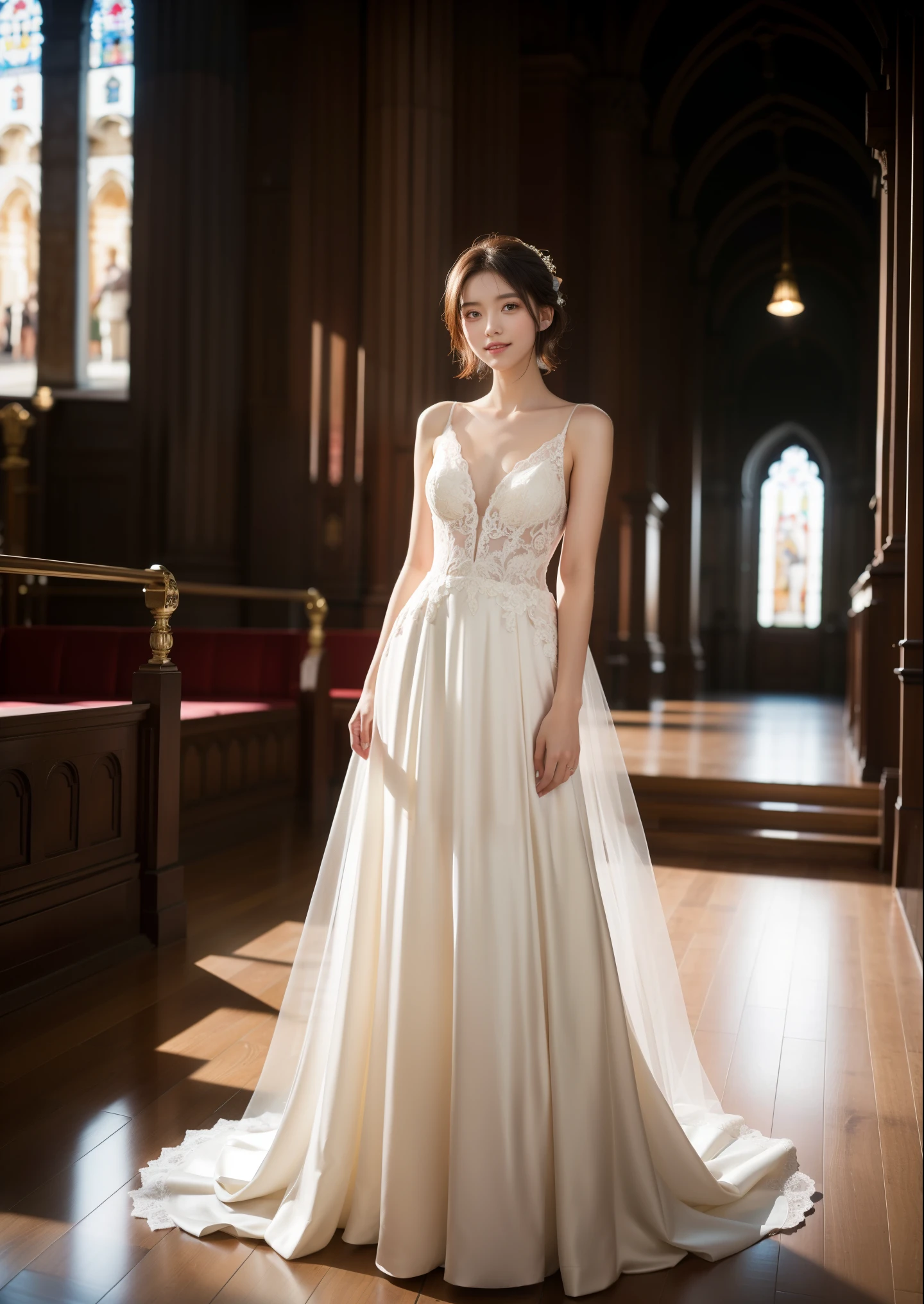 Beautiful 25 year old woman。She is wearing a wedding dress. She is smiling on illuminated by the evening church lights on the romantic sunset time. her dark brown short length hair. High resolution、masterpiece、highest quality、頭w:1.0、((Hasselblad Photos))、fine skin、(movie lighting)、clavicle . full body picture.