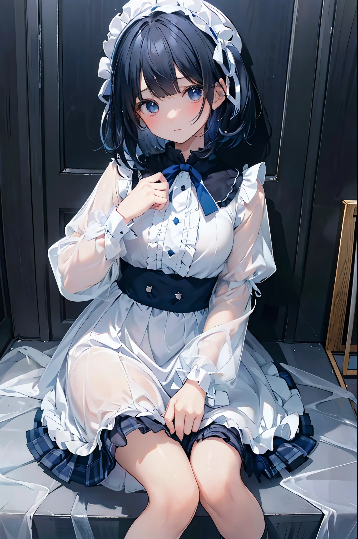 1 girl、uniform、White shirt、Dark blue ribbon、The ribbon is white striped、Dark blue checked skirt、Frills、Beautiful feet、Black Hair、Bobcut、See through、 For hair、Watery eye、Big Breasts、Small eyes、barefoot、Baby Face、masterpiece、Best image quality、8k