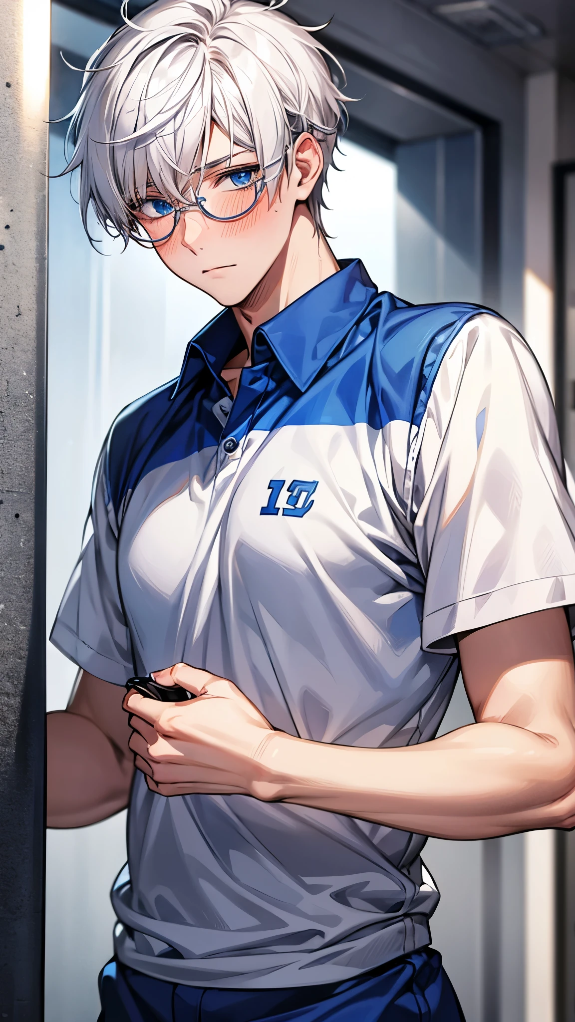 Blue eyes, white hair, male, teenager, short hair, handsome, highschool, , round glasses, soft blush, sports uniform