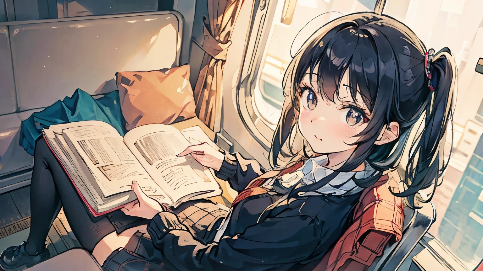 Three scenes in one image: reading manga on a crowded train, relaxing with manga during a coffee break, and reading manga in bed before sleep. Each scene is depicted in a cozy, inviting style.