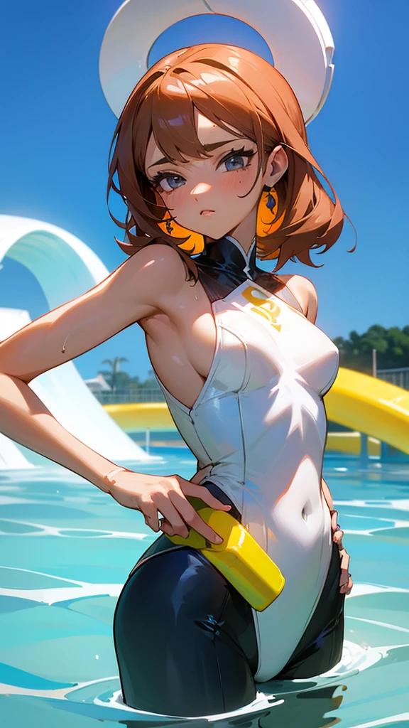 Mulher Branca, corpo em forma ,nua, muito bonita, rosto detalhado, stop at a water park