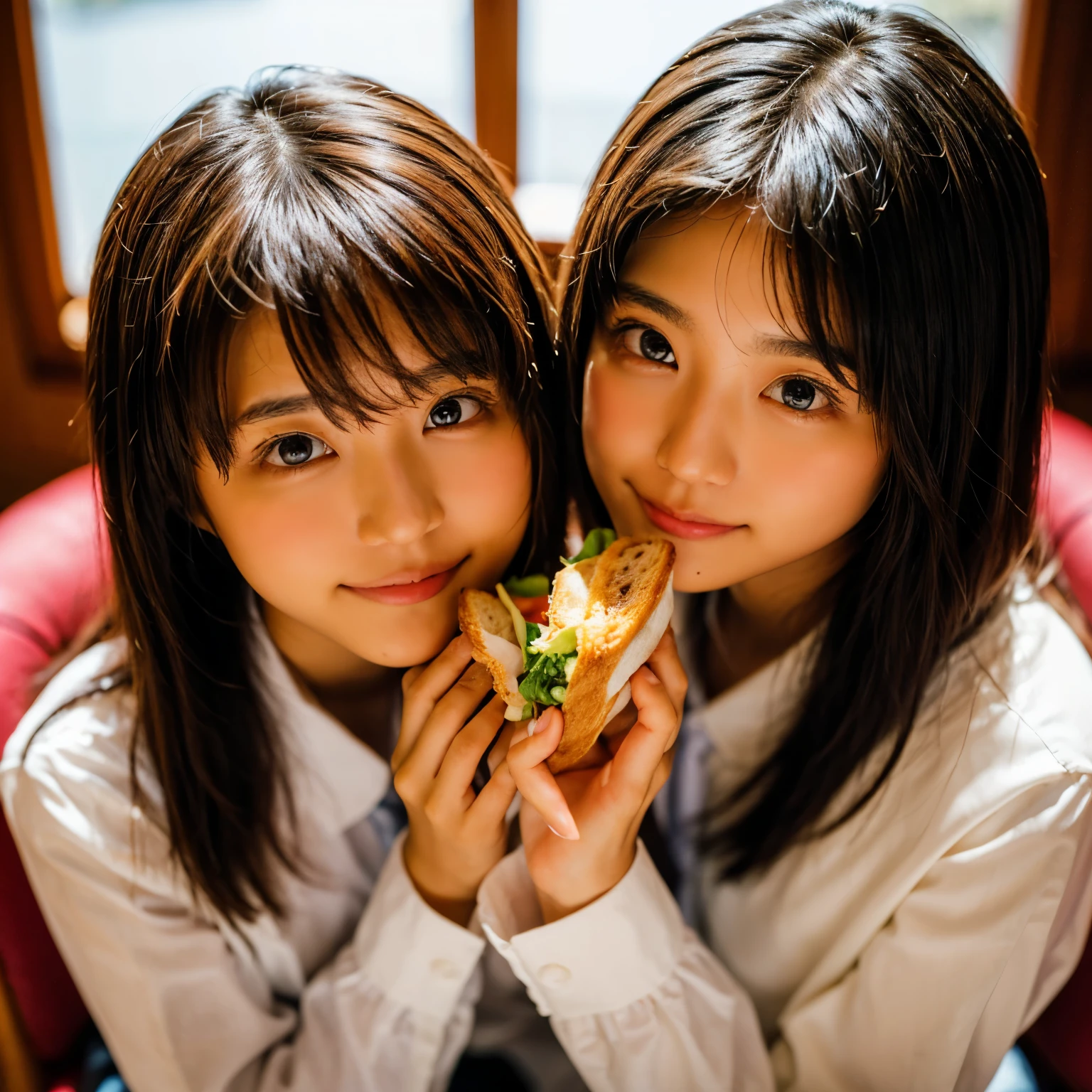 Identical twin sisters eating bread together、(masterpiece:1.5)、(highest quality:1.5)、(8k:1.3)、(RAW Photos:1.3)、(Realistic:1.3)、(Very detailed:1.3)、(Ultra-high resolution:1.3)、(Very detailed and beautiful face:1.2)、(Very detailedで明るい肌:1.2)、(Very fine and beautiful double eyelids:1.2)、(Shining Eyes:1.2)、Beautiful light from the window、In the school classroom、(The most beautiful woman:1.2)、20-year-old、(Beautiful black medium straight hair)、(Beautiful eyeliner)、(eye shadow)、Natural color lip、(compensate)、Beautiful fingers、(White long sleeve shirt for school:1.2)、The chest size is medium、The best smile、(Sit on a chair:1.2)、(Eating a sandwich:1.3)、(Surrounded by schoolboys:1.2)、Look forward、(View from above)、(Upward glance)