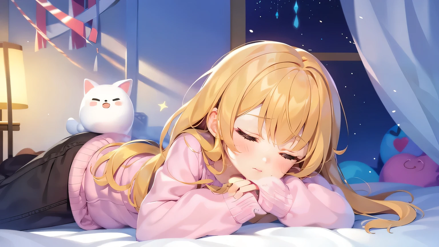 Sleeping girl,Super cute,,Realistically,She was wearing long pants,Wearing pink pajamas,Brown Hair,Dreams are magical,masterpiece,high quality,High Sharpness,The hair is well drawn,Ultra-fine,