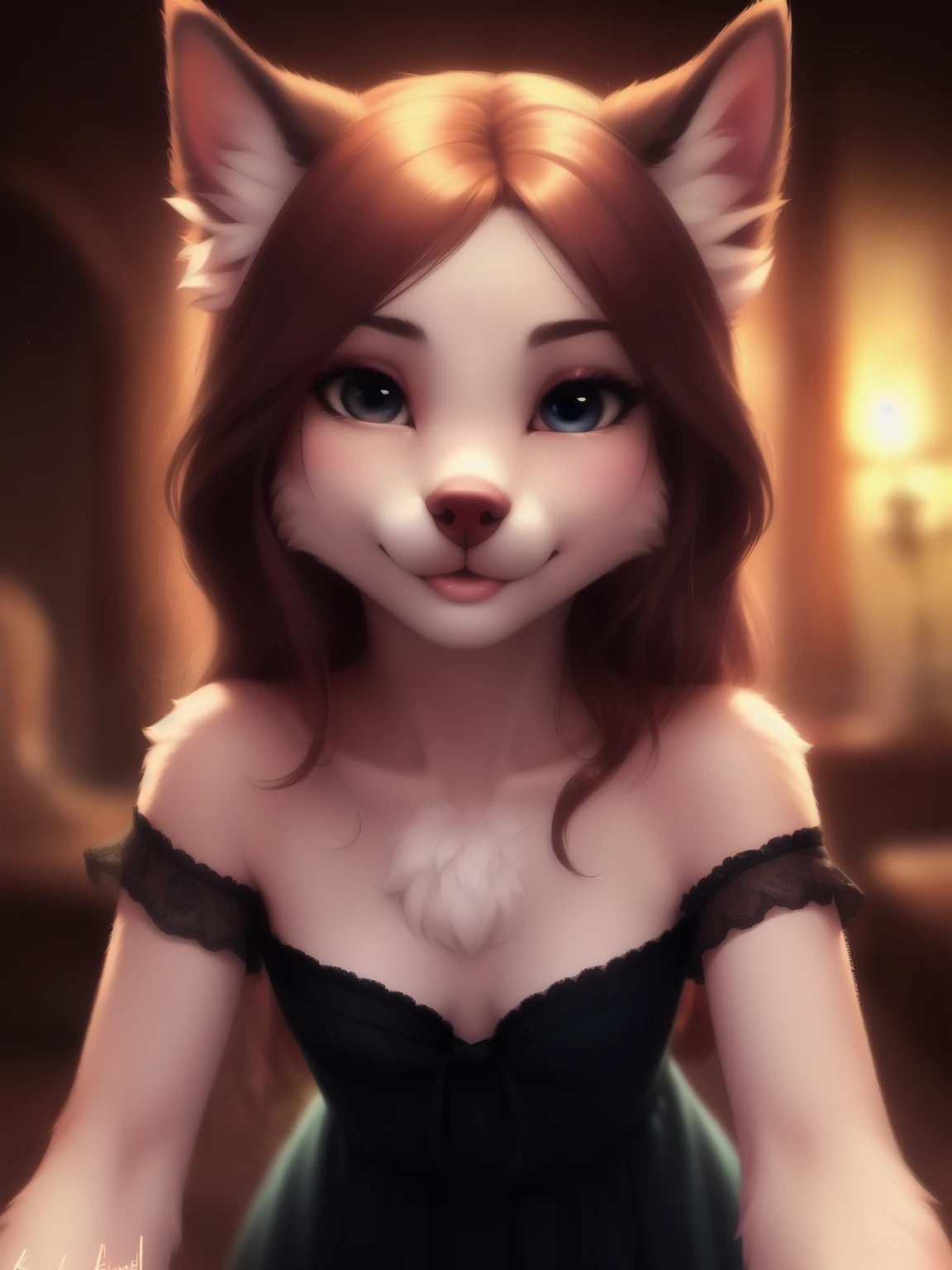(source_e621), A beautiful and detailed (sweet portrait), ((adorable anthro domistic dog)), anatomically correct, Schlank, Small breasts, Hochgeladen E621, detailed flauschige fur, (von Fluff-Kevlar, Bayard Wu, personalami, Pino Daeni), 1girl, off shoulder dress, looking down at viewer, 1girl, realistic, ultra sharp image , (solo), first person view, cleavage, masterpiece, beautiful hair, (kissy face), (Kissing mouth), teeth, messy hair, perfect eyes, absurd resolution, snout, cowgirl position, looking up at her, hair in face, looking down at you, bent over, view from below, female on top, full body, bedroom eyes, aroused, leaning forward, ultra high quality, about to have sex, 