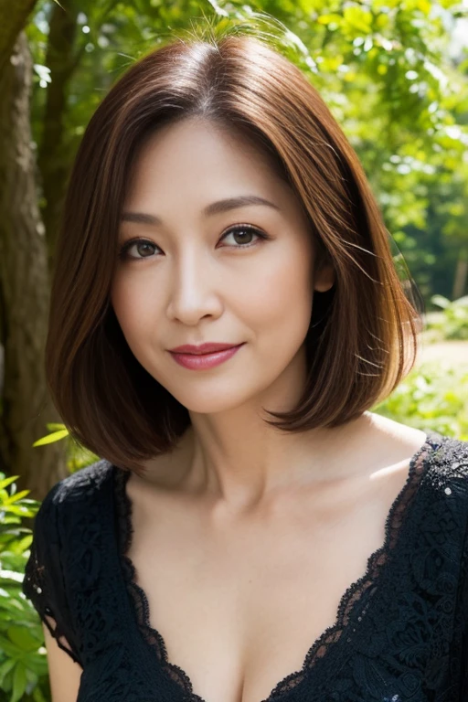Dark brown hair, Light brown eyes, Japanese women, 48age, Intricate details, highest quality, 超High resolution, (Fine grain), (Detailed facial features), High resolution, 8K resolution, Terrace in the forest, Medium sized breasts, Cleavage, Wearing a thin blouse shirt, short hair