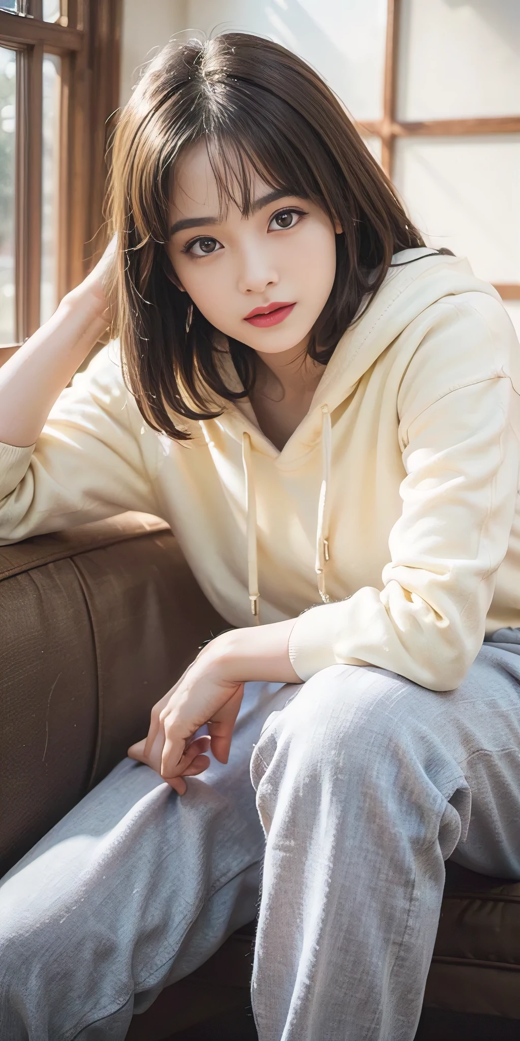 RAW photo, bokeh, (Lifelike face), smiled slightly, Top image quality, High resolution, high contrast, best quality, 8k, HDR, (photorealistic:1.55), young Asia girl, (1girl:1.4), slim figure, perfect face, cool face, (nice leg line:1.3), thin waist,, thighhighs, ((Harlem Pants)), (Hoodie), red lip, looking at viewer, from below, full body portrait, (The golden ratio figure), realistic, photorealistic, award-winning illustration, (intricate details:1.3), (delicate detailed) (intricate details),(cinematic light, best quality Backlights), clear line, sharp focus, ultra-detailed, highres, extremely detailed, extremely delicate and beautiful, professional lighting, dynamic lighting, light on the face, depthoffield, solofocus, cowboy, glamorous, charisma.