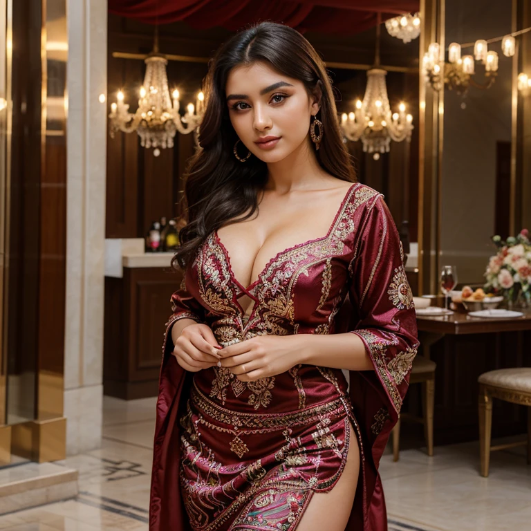 (a sultry steam-powered hostess, Malaysian woman of leisure, tantalizing sheer intricately embroidered night gown, complex gears and pistons, steam vents, optical lenses), formal ballroom, guests, (best quality,4k,8k,highres,masterpiece:1.2),ultra-detailed,(realistic,photorealistic,photo-realistic:1.37),intricate machinery, ornate decorations, dramatic lighting, elegant attire, refined mannerisms
