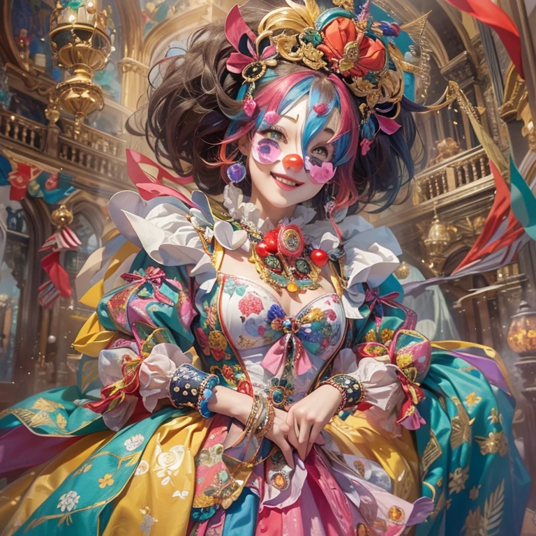 Hiding in the castle、Hair flow、 ((highest quality、masterpiece、8k、Best image quality、Ultra-high resolution、Award-winning works)、(Accurate anatomy:1.1)、(Look at me and smile:1.1)、Shining fair skin with Ultra-high resolution、The most detailed face、Ultra-high resolution detailed face、Ultra-high resolutionの髪の毛、(Ultra-high resolutionの煌めく瞳:1.1)、Beautiful face drawn in every detail、Cheerful clown in a colorful costume, Chest to chest, Masquerade、Wear a Venetian mask