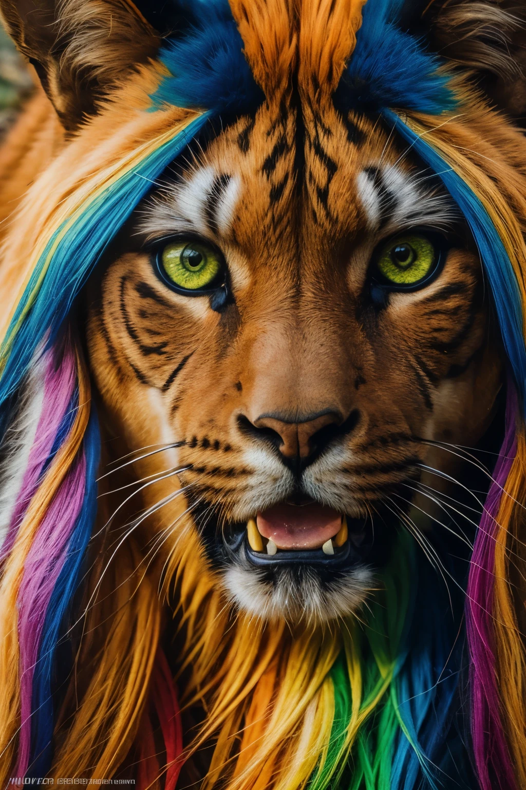 beautiful detailed eyes, beautiful detailed fur, extremely detailed face, highly detailed mane, mosaic painting, intricate patterns, colorful mosaic tiles, vibrant colors, striking expression, realistic textures, dynamic composition, intense gaze, powerful presence, masterpiece, 8k, photorealistic