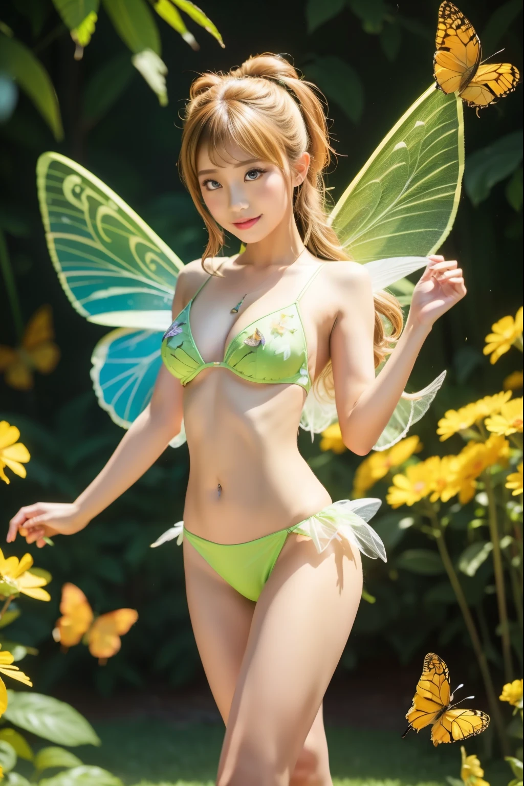 Female idol covered in butterflies、Tinkerbell、Whole Body Ezbian、、A Chinese dress covered with butterflies(fluorescent green and yellow)、White panties、Illuminate、Apparition