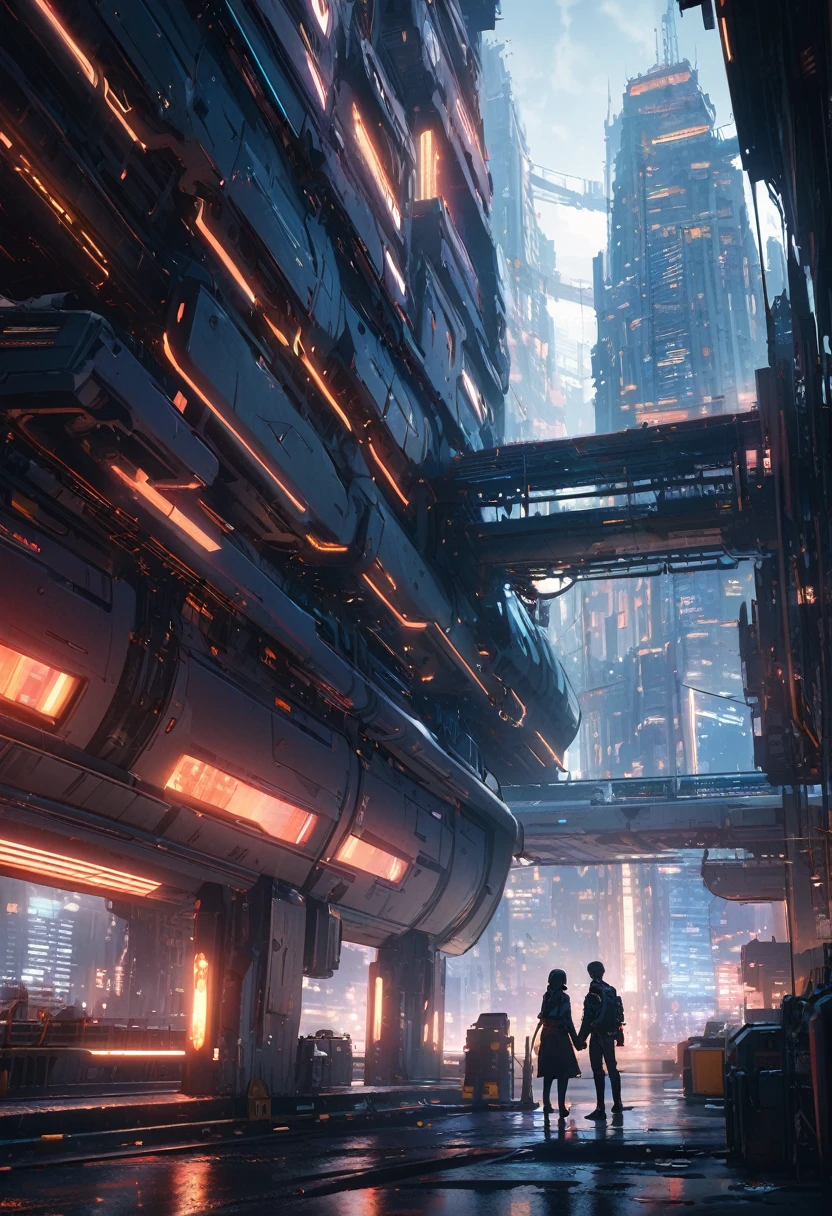 sci-fi, cityscape with tall buildings, no other humans, scenic, scenery, masterpiece, Cinematic Lighting, best quality, Illustration, BREAK couple standing, holding hands
