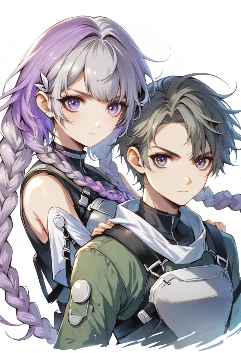 Two people,A man and a girl with long braids,purple and white,art portrait,