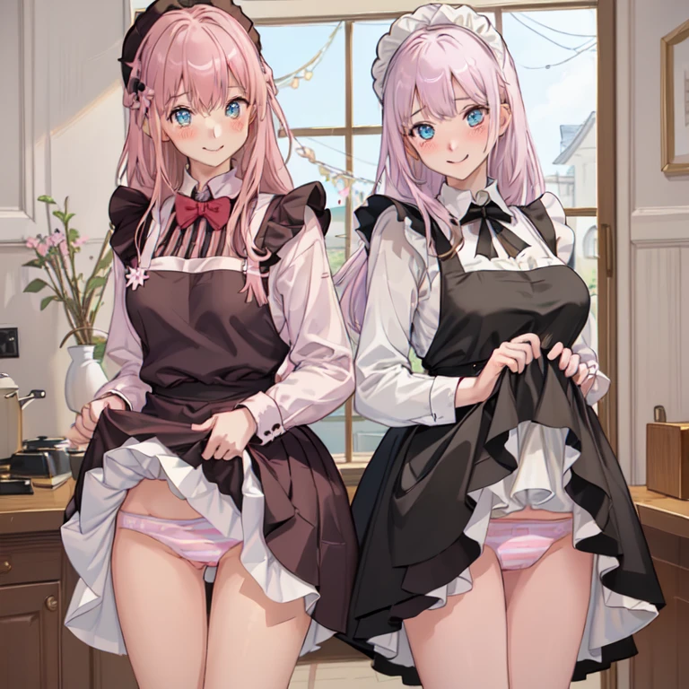 highest quality、masterpiece、((2 girls:1.5))、((smile:1.3))、(blush:1.3)、Black Shirt、blouse、((fun!!))、(Small breasts)、()、Blonde、(Long sleeve)、((White apron:1.5))、((Maid))、((hair ornaments)),、Kamimei、look at me、 ((in house:1.5))、 Taking a break from watching the audience、Cowboy Shot、(Skirt lift:1.3),(Highly detailed pink striped panties:1.3)、(Highly detailed panties:1.3)、、(スカート that rolls up:1.3)、(Panties fully exposed:1.5)、Light blue eyes、long hair、Glowing Eyes