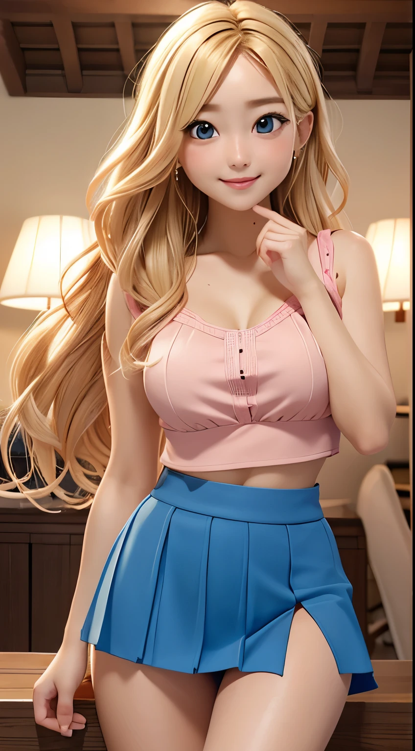 highest quality, masterpiece, Beautiful and detailed eyes, (Sunburn), Japanese、mini skirt、Blonde Wavy Hair, 短いmini skirt、Gradient Hair, Pink highlights in hair, Big Breasts, Are standing, compensate, Glossy lips, Fuller lips, (Natural light), In the room, night, かわいいデニムmini skirtスーツ, A shy smile, stomach, clavicle, in love, Cute gestures