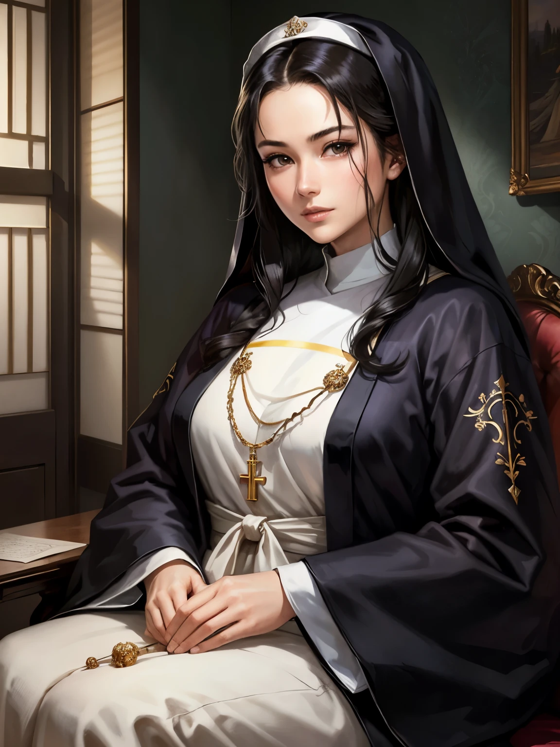 (masterpiece、highest quality、highest quality、Official Art、Beautiful and aesthetic:1.2)、Beautiful woman、Nuns、Rosary、Japan、Luxury House、Black Hair、An illustration