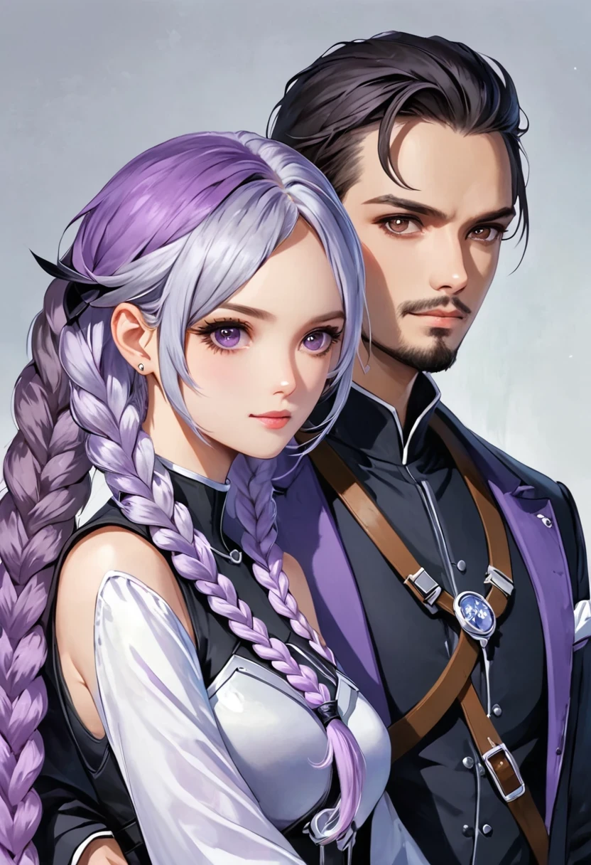 Two people，A man and a girl with long braids，purple and white，art portrait,