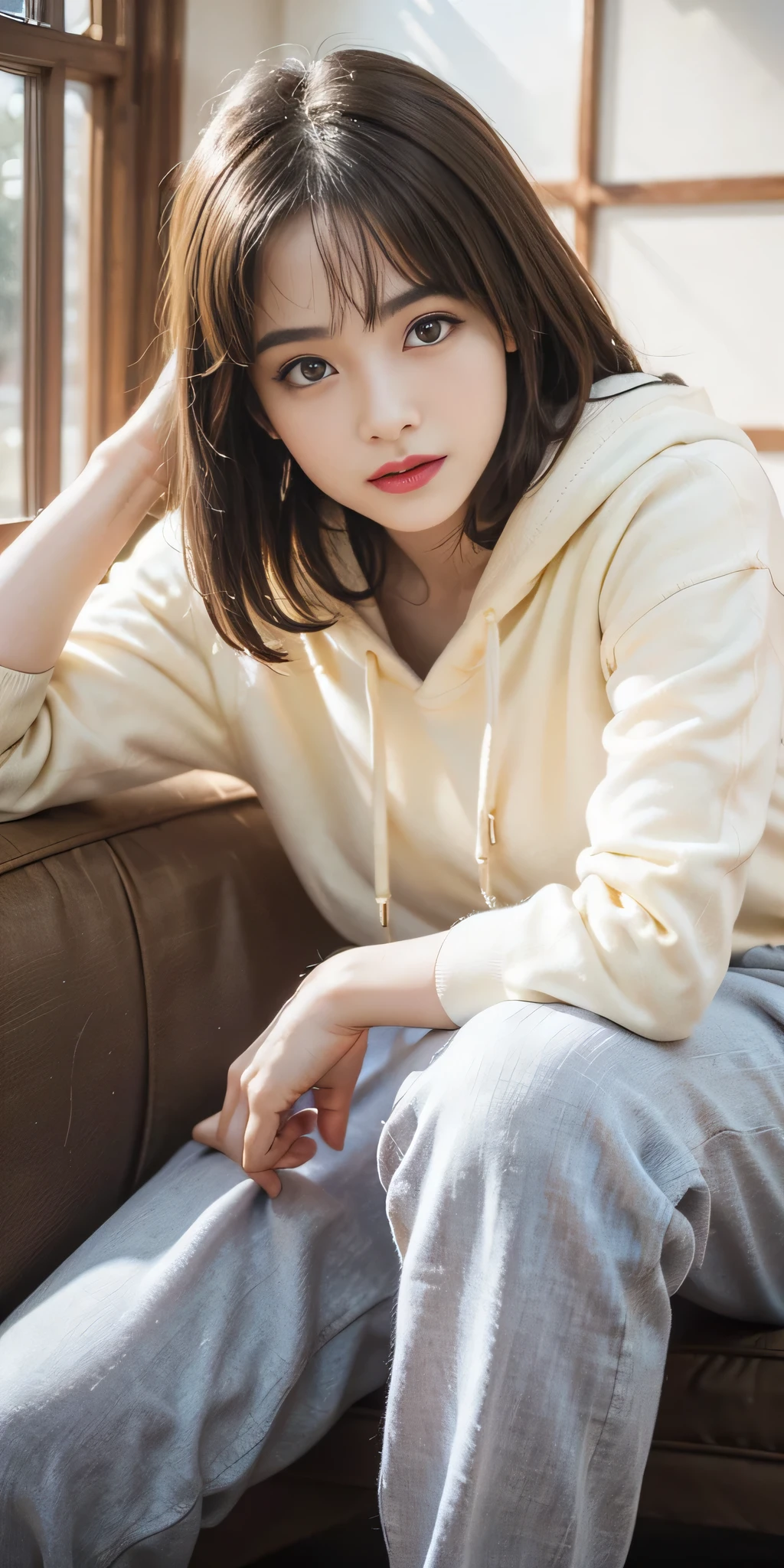 RAW photo, bokeh, (Lifelike face), smiled slightly, Top image quality, High resolution, high contrast, best quality, 8k, HDR, (photorealistic:1.55), young Asia girl, (1girl:1.4), slim figure, perfect face, cool face, (nice leg line:1.3), thin waist,, thighhighs, ((Harlem Pants)), (Hoodie), red lip, looking at viewer, from below, full body portrait, (The golden ratio figure), realistic, photorealistic, award-winning illustration, (intricate details:1.3), (delicate detailed) (intricate details),(cinematic light, best quality Backlights), clear line, sharp focus, ultra-detailed, highres, extremely detailed, extremely delicate and beautiful, professional lighting, dynamic lighting, light on the face, depthoffield, solofocus, cowboy, glamorous, charisma.