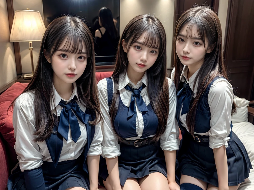 (8K, Raw photography, top-quality, masterpiece:1.2), master piece, best quality, illustration, Super detailed, fine details, High resolution, 8K,wall paper, perfect dynamic composition,(Details High quality, realistic depiction of eyes:1.3), ((2 girls, 2 schoolgirls)), The background is a luxury hotel room、High school girl uniform、blazer 、Super Short Check Uniform Skirt、Navy blue high socks、garterbelts、Colossal tits、Disturbed uniform, Play with each other,Touching each other's bodies,Touching the body of the girl next door, short bob hair, black hair color, huge breasts, Big Natural Color Lip, bold sexy pose, (perfect body shape), crying a little、cold gaze, Beautiful makeup,glitter makeup,Cutest 18 years old, beautiful legs, hposing Gravure Idol, Voluptuous thighs