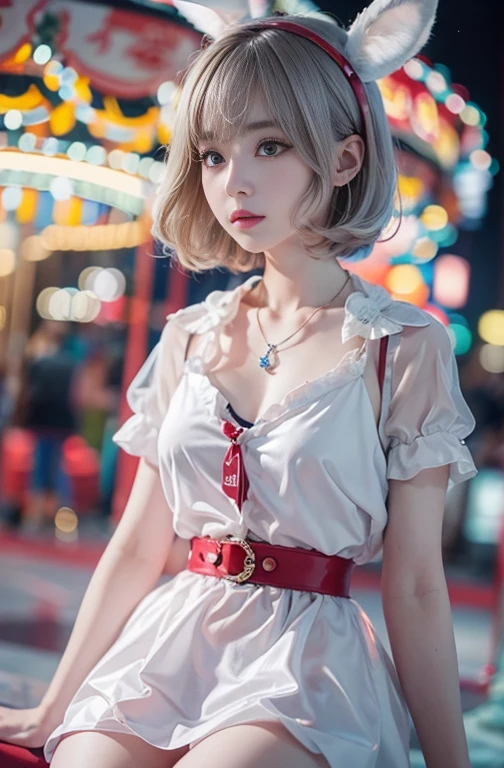 18-year-old, Wide-angle lens, A woman in stylish spring clothes、Woman enjoying merry-go-round at night,thin、Serious expression、Short-haired、Deadly position, Gorgeous Necklace, Light milky porcelain skin, Smooth, Translucent white skin, Enchanting anime girl, Beautiful and seductive anime woman, Super realistic sweet bunny ears girl, Pale porcelain white skin, Smooth, Realistic and perfect body, Anime Girl Cosplay, Perfect body with realistic shadows, Switzerland'masterpiece, There is a real white rabbit. Red eyes and blue eyes