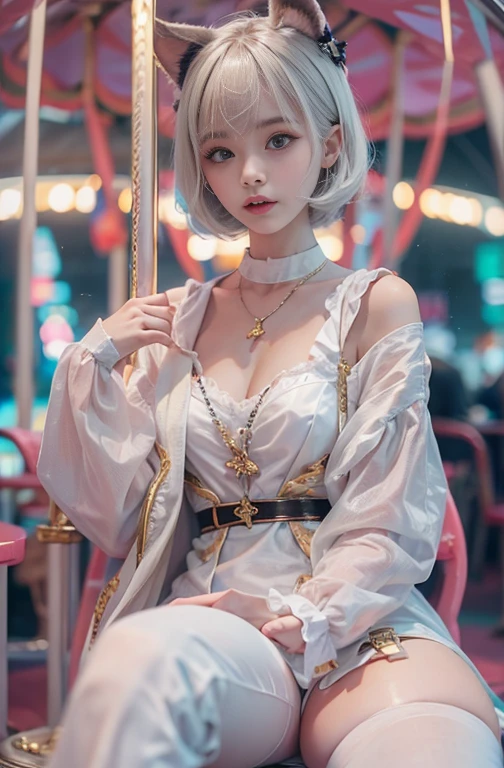 18-year-old, Wide-angle lens, A woman in stylish spring clothes、Woman enjoying merry-go-round at night,thin、Serious expression、Short-haired、Deadly position, Gorgeous Necklace, Light milky porcelain skin, Smooth, Translucent white skin, Enchanting anime girl, Beautiful and seductive anime woman, Super realistic sweet bunny ears girl, Pale porcelain white skin, Smooth, Realistic and perfect body, Anime Girl Cosplay, Perfect body with realistic shadows, Switzerland'masterpiece, There is a real white rabbit. Red eyes and blue eyes