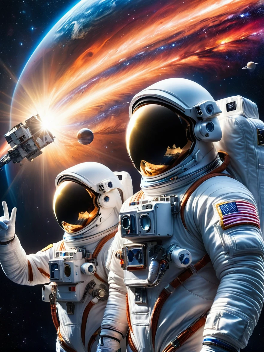 (一张放在台上的双人photo:1.5), Close shot, close up, (photo:1.5), Two astronauts in space, Photograph, Stand side by side, (Raise the V sign), (A ray of sunlight rose behind them), Space suit details, Helmet reflective, earth in background, Cosmic stars, Galaxy Background, High-tech spacesuit, Milky Way Landscape, space photography, Studio Lighting, Physically based rendering, Sharp focus, Extremely detailed, major, Bright colors, Bright light source, (Best quality, 8K, high resolution, masterpiece:1.2), Super detailed, (1.4 times more realism)