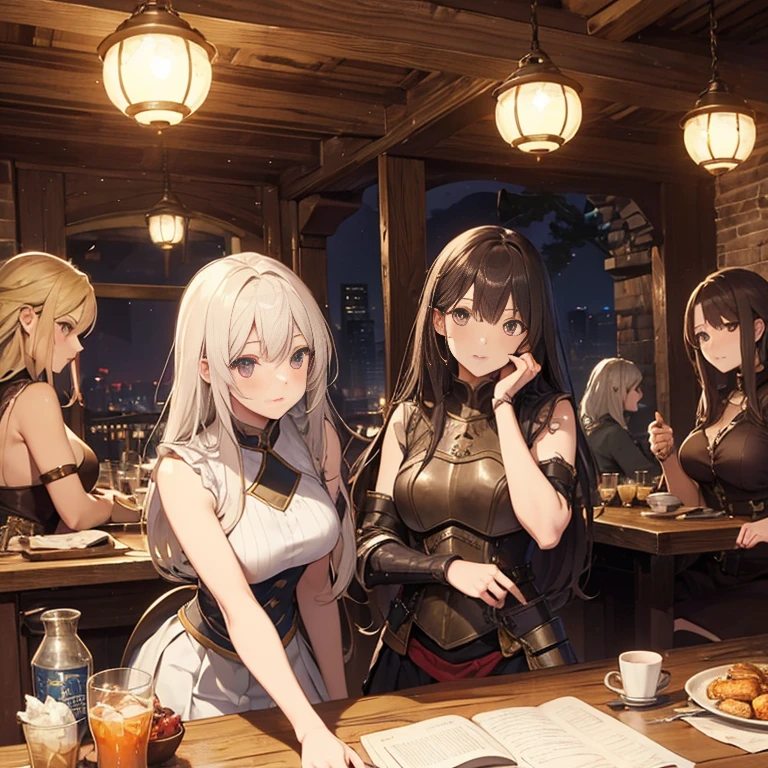 A group of female medieval fantasy adventurers, (in tavern), various hair styles, harem, night, details face, short skirt, seducing, sleeveless, armor