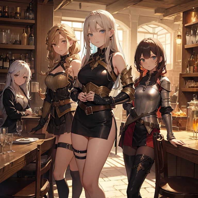 A group of  female medieval fantasy adventurers, (in tavern), various hair styles, harem, night, details face, short skirt, seducing, sleeveless, armor 