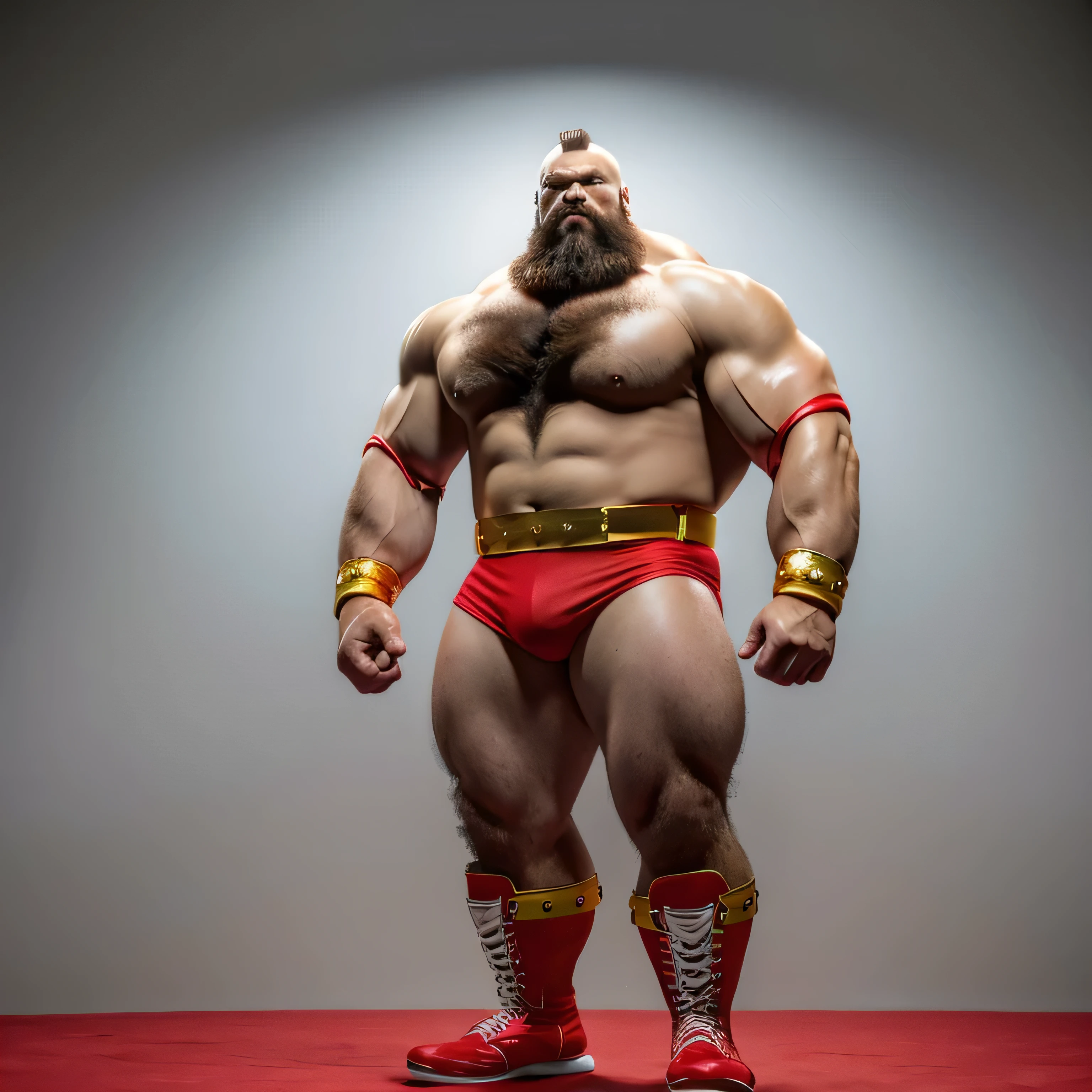 zangief,a man with a beard and a golden belt, fighting game character, street fighter 5,muscled humanoid,heavy looking,buff man,wrestler,Red short briefs,capcom,street fighter,shirtless,muscular male,chest hair,visually weighty,bearded man,mohawk hair,no wristband,Red Wrestling Boots,best quality