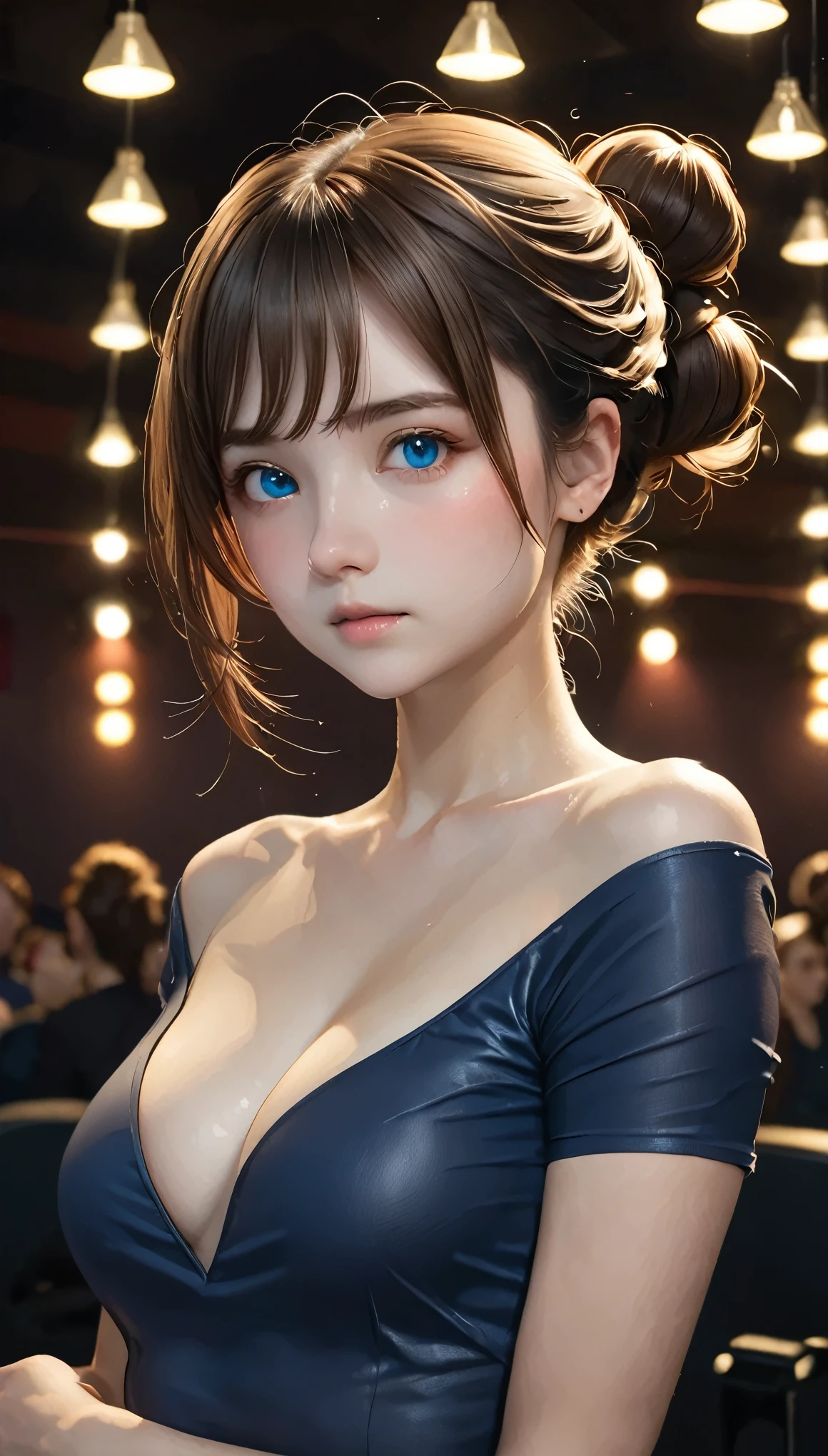 A skin-tight black top:1.2, View Audience, Cinema Lighting, perfection, Soft Light, High Resolution Skins:1.2, Realistic skin texture, 14 years、Small face、No makeup、, Off the shoulder,Bust B cup、Small cleavage, blue eyes, Hair Bun, Dark brown hair、Bold Pose、Geometric background