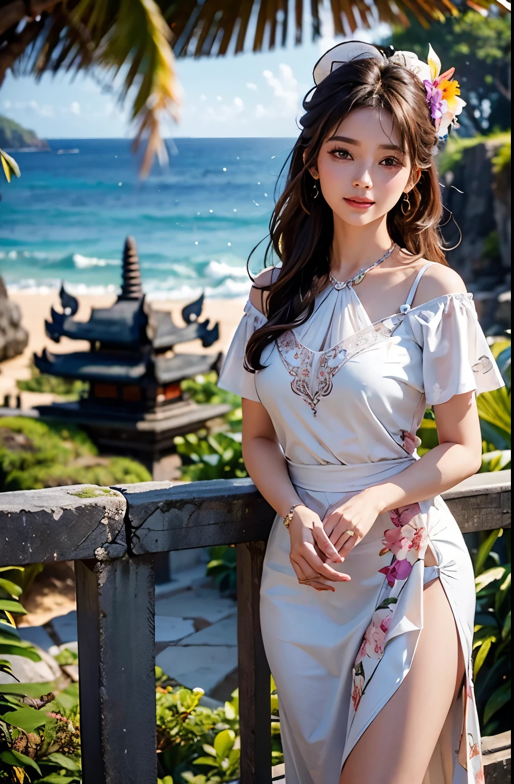 ((highest quality、8k、masterpiece:1.3))、Sharp focus:1.2、(Realistic、Photorealistic:1.37)、((Beautiful smile))、Focus on the viewer、Woman with beautiful face、(((32 years old)))、Pointed Chest、Long eyelashes、Colored Contact Lenses、big 、Delicate、Very fine grain、Very fine eyebrows、（Sharp eyebrows）、（Thin eyebrows）、Very very very detailed face、((Brunette short messy hair)),Dressed、Detailed Background(8k、masterpiece、highest quality、Raw photo)

--- Please draw a Japanese female tourist visiting Uluwatu Temple in Bali.。In the background、Please describe the distinctive features of Uluwatu Temple in detail.。

You can see Uluwatu Temple on the cliff、Enjoy the spectacular view of the blue waters of the Indian Ocean as your backdrop。
The temple stands on a cliff.、Please depict in detail the waves crashing below and the white spray.。In the distance you can see the vast Indian Ocean、The horizon is clear。
The time zone is evening、Draw a picture of the moment the orange sun sets。The sky is dyed in the colors of the sunset、The clouds are shining a faint pink or purple.。
Tropical vegetation grows around the cliffs.、Especially the palm trees and colorful flowers.々You can see。
The stone gate of Uluwatu Temple、Please draw a traditional Balinese style roof.。The temple is decorated with Balinese carvings and ornaments.。

The woman is wearing casual tourist clothes。White short sleeve blouse、Pair it with casual pants or a skirt made of cool material.。I&#39;m wearing sandals on my feet。
A woman stands near a railing on a cliff、Smiling while watching the sunset。Place one hand on the railing、With the other hand, he holds his hat。The face has a gentle smile as if she is touched.。

There were a few other tourists in sight.、Everyone is admiring the beauty of the sunset。
Picture a few monkeys in a nearby tree and near the railing.。

