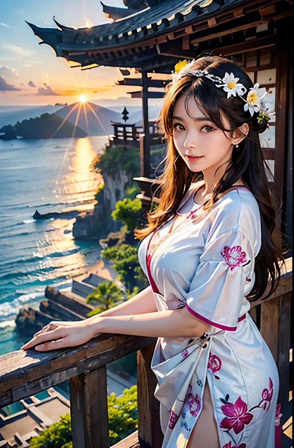 ((highest quality、8k、masterpiece:1.3))、Sharp focus:1.2、(Realistic、Photorealistic:1.37)、((Beautiful smile))、Focus on the viewer、Woman with beautiful face、(((32 years old)))、Pointed Chest、Long eyelashes、Colored Contact Lenses、big 、Delicate、Very fine grain、Very fine eyebrows、(Sharp eyebrows)、(Thin eyebrows)、Very very very detailed face、((Brunette short messy hair)),Dressed、Detailed Background(8k、masterpiece、highest quality、Raw photo)
--- Please draw a Japanese female tourist visiting Uluwatu Temple in Bali.。In the background、Please describe the distinctive features of Uluwatu Temple in detail.。
You can see Uluwatu Temple on the cliff、Enjoy the spectacular view of the blue waters of the Indian Ocean as your backdrop。
The temple stands on a cliff.、Please depict in detail the waves crashing below and the white spray.。In the distance you can see the vast Indian Ocean、The horizon is clear。
The time zone is evening、Draw a picture of the moment the orange sun sets。The sky is dyed in the colors of the sunset、The clouds are shining a faint pink or purple.。
Tropical vegetation grows around the cliffs.、Especially the palm trees and colorful flowers.々You can see。
The stone gate of Uluwatu Temple、Please draw a traditional Balinese style roof.。The temple is decorated with Balinese carvings and ornaments.。
The woman is wearing casual tourist clothes。White short sleeve blouse、Pair it with casual pants or a skirt made of cool material.。I'm wearing sandals on my feet。
A woman stands near a railing on a cliff、Smiling while watching the sunset。Place one hand on the railing、With the other hand, he holds his hat。The face has a gentle smile as if she is touched.。
There were a few other tourists in sight.、Everyone is admiring the beauty of the sunset。
Picture a few monkeys in a nearby tree and near the railing.。