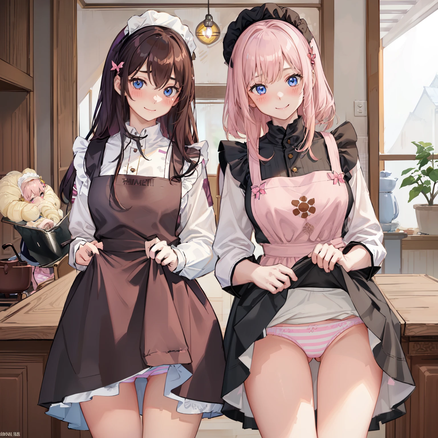 highest quality、masterpiece、((2 girls:1.5))、((smile:1.3))、(blush:1.3)、Black Shirt、blouse、((fun!!))、(Small breasts)、()、Blonde、(Long sleeve)、((White apron:1.5))、((Maid))、((hair ornaments)),、Kamimei、look at me、 ((in house:1.5))、 Taking a break from watching the audience、Cowboy Shot、(Skirt lift:1.3),(Highly detailed pink striped panties:1.3)、(Highly detailed panties:1.3)、、(スカート that rolls up:1.3)、(Panties fully exposed:1.5)、Light blue eyes、long hair、Glowing Eyes