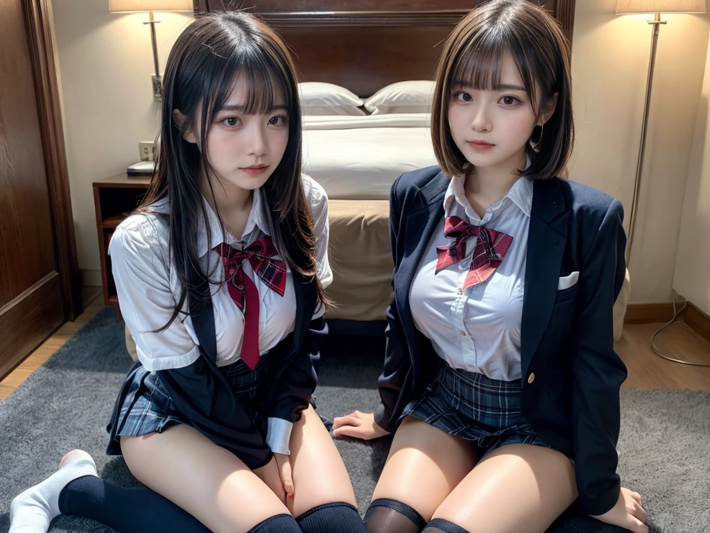 (8K, Raw photography, top-quality, masterpiece:1.2), master piece, best quality, illustration, Super detailed, fine details, High resolution, 8K,wall paper, perfect dynamic composition,(Details High quality, realistic depiction of eyes:1.3), ((2 girls, 2 schoolgirls)), The background is a luxury hotel room、High school girl uniform、blazer 、Super Short Check Uniform Skirt、Navy blue high socks、garterbelts、Colossal tits、Disturbed uniform, Play with each other,Touching each other's bodies,Touching the body of the girl next door, short bob hair, black hair color, huge breasts, Big Natural Color Lip, bold sexy pose, (perfect body shape), crying a little、cold gaze, Beautiful makeup,glitter makeup,Cutest 18 years old, beautiful legs, hposing Gravure Idol, Voluptuous thighs