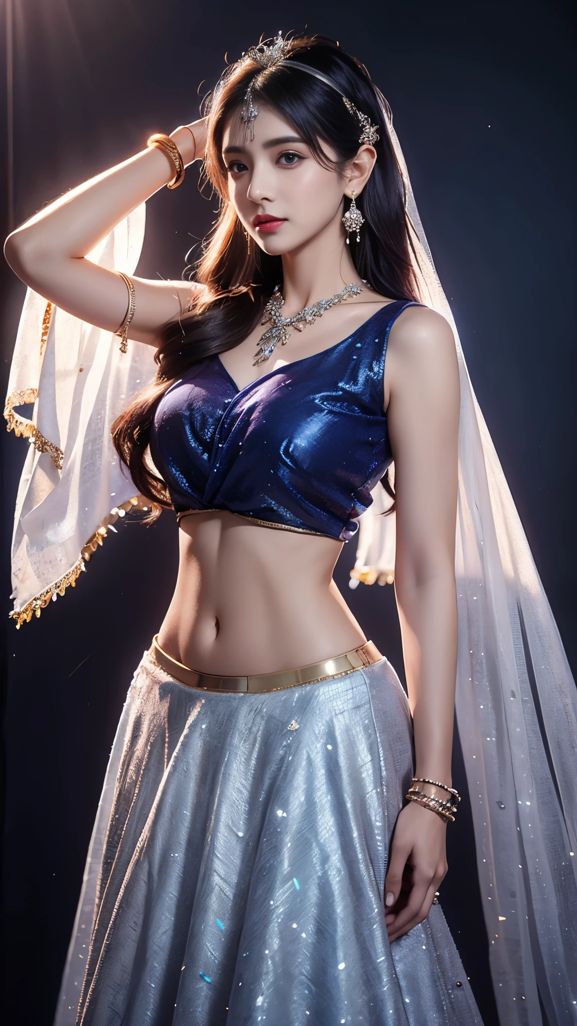 4K, UHD, masterpeice, 1 girl, good face, detailed eyes, detailed lips, very long hair, straight hair, very long hair, beautiful hair, hair ornaments, hairband, gradient hair, ((indigo lehenga)), ((bridal lehenga)), ((decorated blouse)), sardine, ((jwellery on lehenga)), ((indigo lace)), ((diamond bracelet)), ((pendant)), ornaments, necklace, earring, high lighting, ((bare stomach)), wedding stage, fujicolor, depth of field, ray tracing, ultra realistic detail,