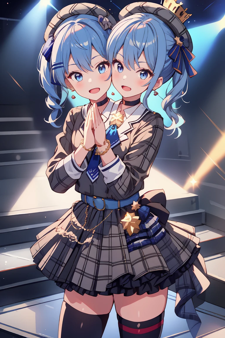 (masterpiece, best quality), best resolution, 16k, (2heads:1.5), close-up, 1girl, solo, HoshimachiSuisei, side ponytail, blue hair ribbon, SuiseiBase, plaid beret, crown, blue star choker, star earrings, blue ascot, plaid jacket, plaid skirt, layered skirt, partially fingerless gloves, star bracelet, uneven legwear, thigh strap, (standing, stand straight), look at viewer, ((own hands together, praying hangs)), ((cheek-to-cheek)), singing, open mouth, stable, concert stage, starfield, spotlight