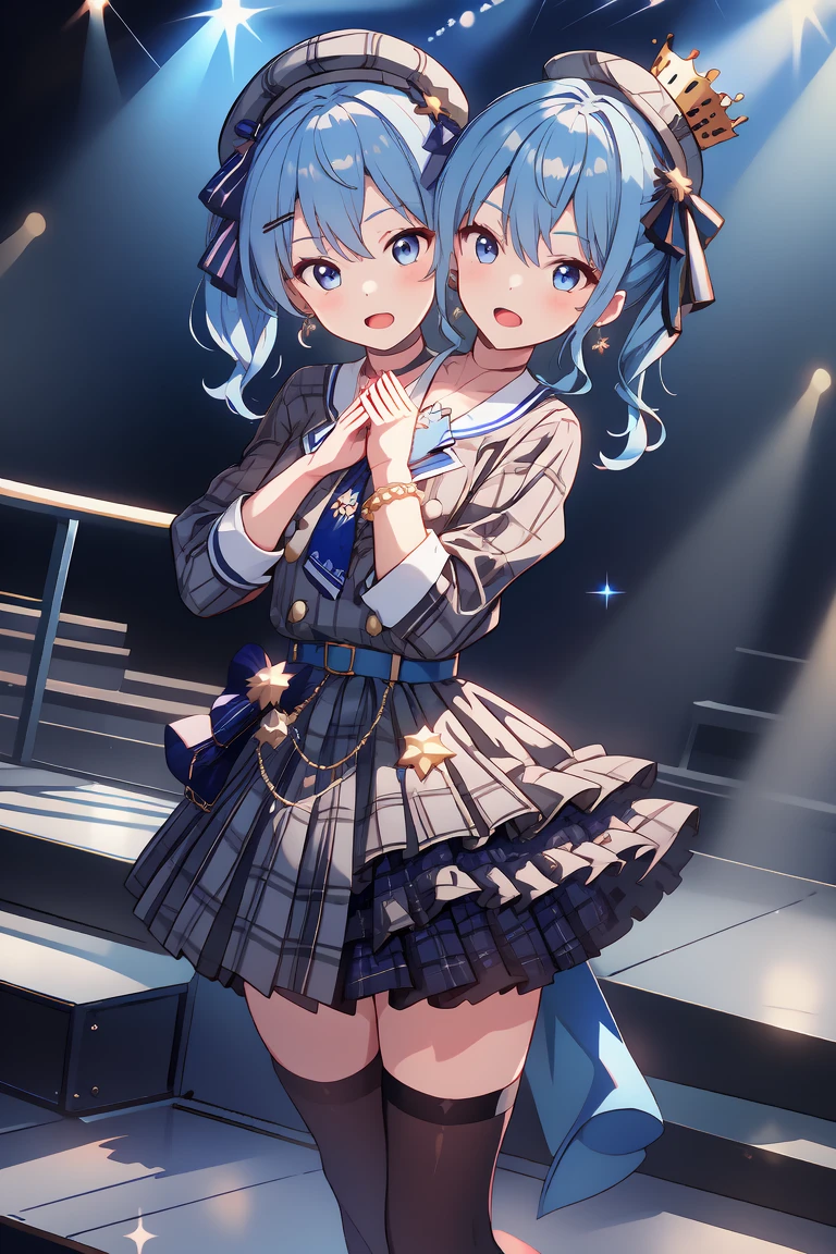 (masterpiece, best quality), best resolution, 16k, (2heads:1.5), close-up, 1girl, solo, HoshimachiSuisei, side ponytail, blue hair ribbon, SuiseiBase, plaid beret, crown, blue star choker, star earrings, blue ascot, plaid jacket, plaid skirt, layered skirt, partially fingerless gloves, star bracelet, uneven legwear, thigh strap, (standing, stand straight), look at viewer, ((own hands together, praying hangs)), ((cheek-to-cheek)), singing, open mouth, stable, concert stage, starfield, spotlight