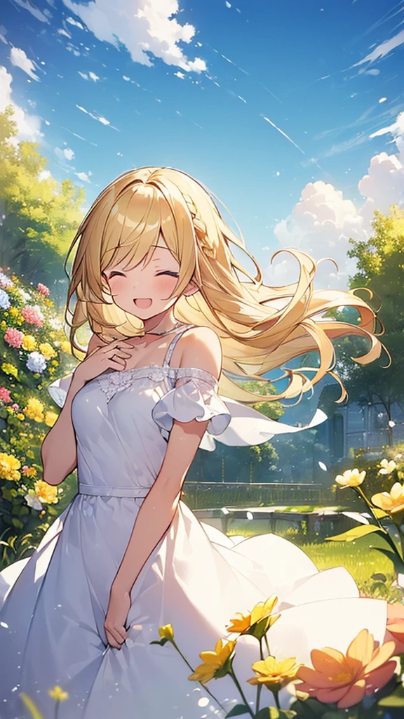 (Masterpiece, Top quality: 1.5), (1 beautiful blond hair girl), Surrounded by flowers, (White dress) , (), soft line drawing, digital enhancement, ( Hair length to shoulders), braid, Hair swaying in the wind, happy, closed eyes, open mouth, beautiful scene of flower garden, angle from which the whole body is visible, entangle, dynamic pose