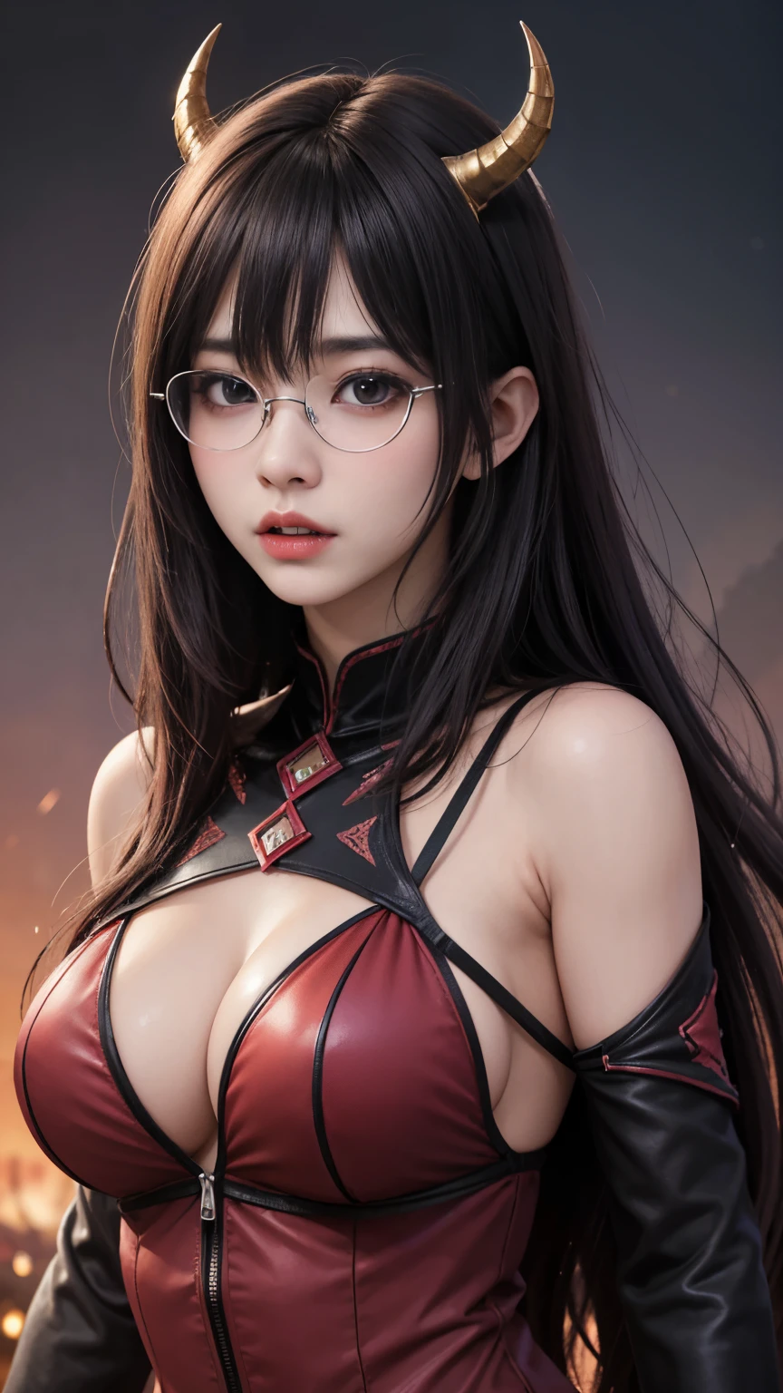 background(Black Night Sky,Big Moon),Close-up of a woman,Wearing a white shirt、Purple Hair,Very long hair,very thick braids,Purple eyes,big 、((Glasses))、realistic girl rendering, 8k artistic german bokeh, Enchanting girl, Realistic girl, Gurwitz, Gurwitz-style artwork, Girl Roleplay, Realistic 3D style, cgstation Popular Topics,, 8K Portrait Rendering,(truth,truth:1.4),Wear pink pajamas,巨big ,Sparkling eyes,Purple eyes、(highest quality,4K,8k,High resolution,masterpiece:1.2),Very detailed,(Realistic,photoRealistic,photo-Realistic:1.37),Mythical monster,Beast-like creature,Muscular,Six big legs,Stand like a gorilla,Red fur covering the body,two big horns,Drill teeth,Sharp Claws,Huge shape,Burning Fire Magic,Energy aura,A threatening presence,Glowing Eyes,Intimidating posture,Dark Environment,Smoke-filled air,Ominous Shadow,Majestic and fierce,Explosive power,Vibrant colors,bold,Horror art style,moving composition,Dramatic lighting,rib layer,large sharp teeth,Sharp Edges,Very detailedスケール,Burning Crack,Burning Flames,Furious expression,Burning with anger,Surrounded by sparks and embers