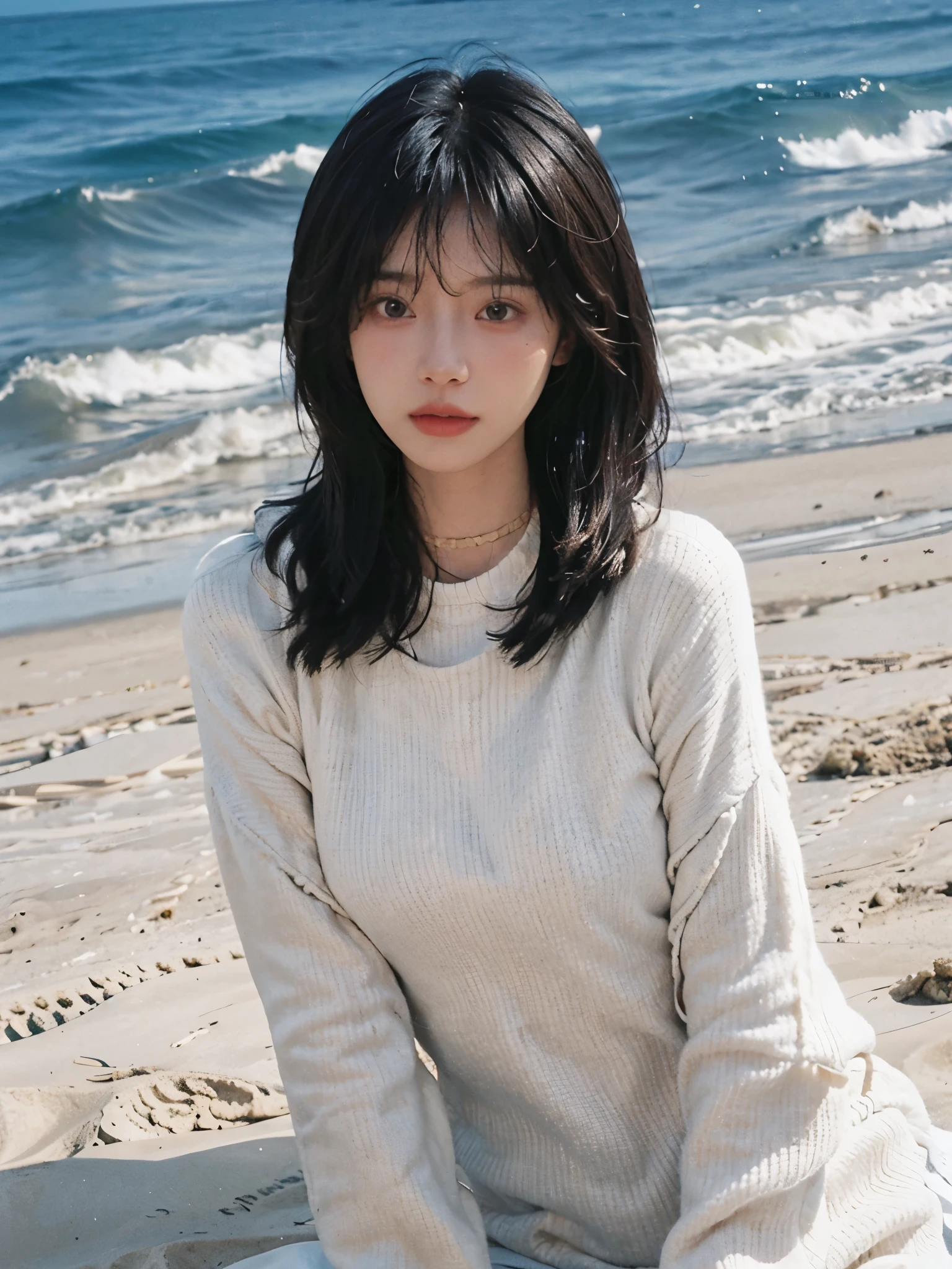 best qualtiy， Ultra-high resolution， （realisticlying：1.4），cute hairpin，1girll，with long coiled hair,Quartered sweater ，Blushlush，Beautiful woman with a slim figure:1.4, Pronounced abs，On the sandy beach,Ultra-fine face，Elaborate Eyes，double eyelid，choker necklace