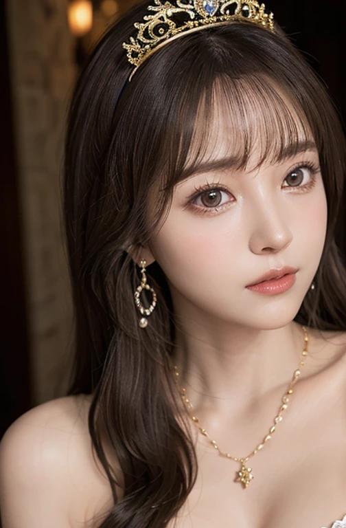 Princess , in castle, high quality, super quality, (detailed face:1.4) ,beautiful woman , golden eyes, long hair , tight gorgeous dress, tiara, necklace , earring , sharpe eyebrow , beautiful bangs are covering her eyes , huge breast ,upper body