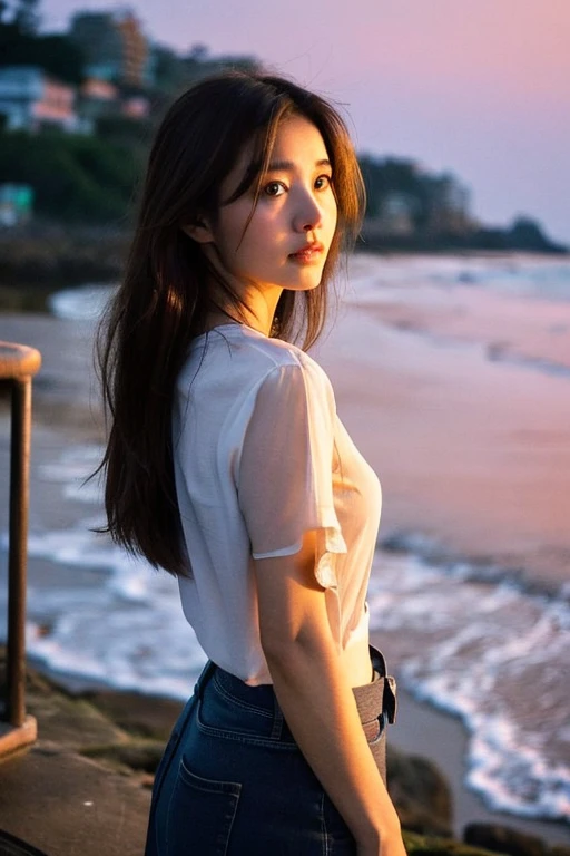 Back view　natural　clean　Long hair　Narrow style　Bigger breasts　A little brown hair　Blouse Wear　Seaside　Stand still　dusk　kind　evening　Seasideの街