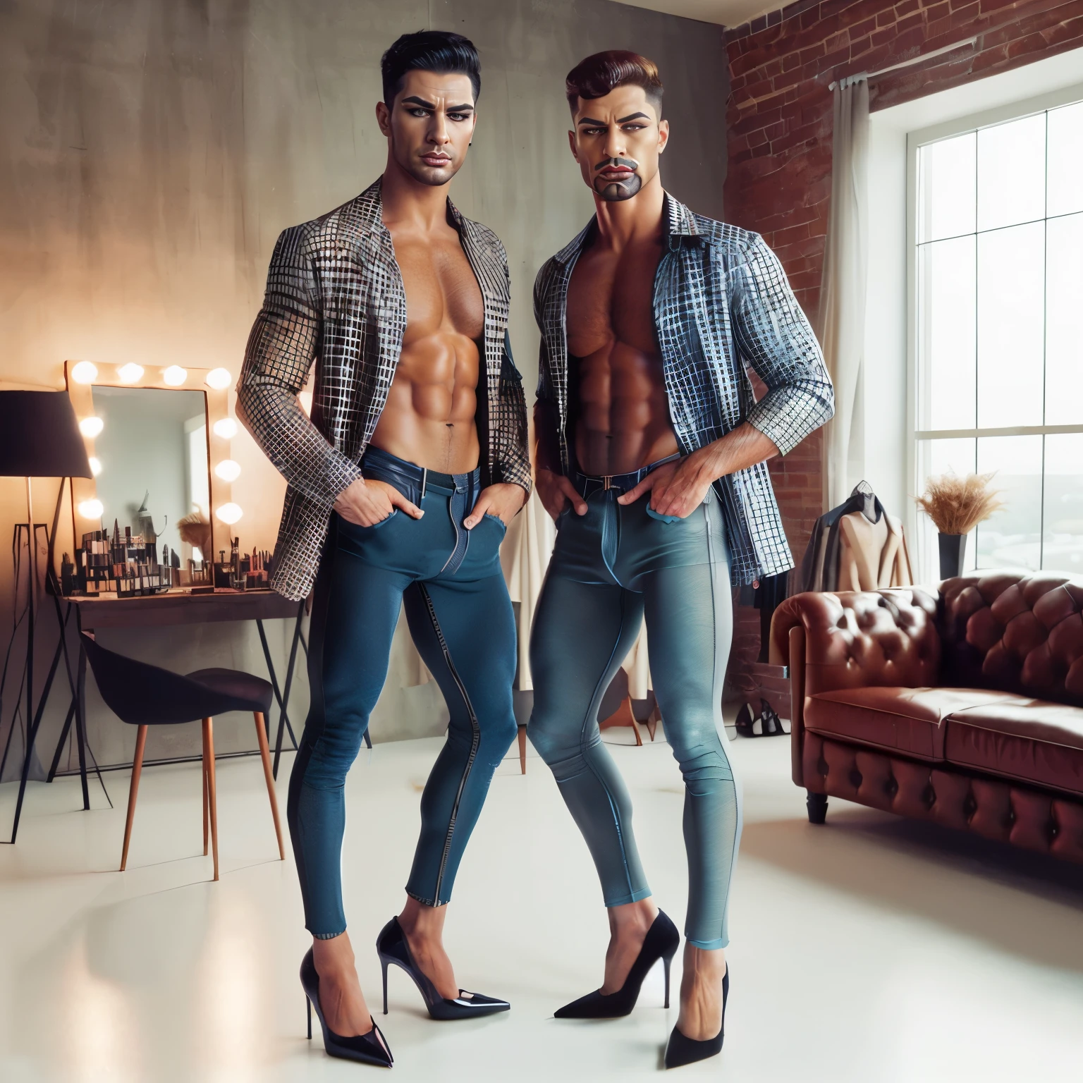 Two Muscular masculine hunk men with very short hair, panties and hot bra, gaff, black nylon stockings with lace top, vintage padded bra, vintage girdle,garter belt, corset, extreme black stiletto high heels pumps with metal heels and closed toes, with makeup, fake nails and fake eyelashes,