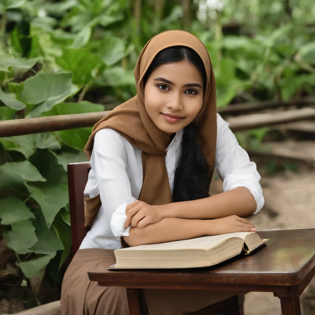 a realistic photography, a naturally beautiful Indonesian woman, without make up, natural face, 18 years old. sweaty. slim, slender, skinny and tall. sweaty, summer. wear a modern brown hijab, wear a khaki colored tshirt, wear a khaki colored skirt too. sit on the chair. is studying with a class. next to students study and the school, sweaty, holding cucumber, white thick milk melting in hands and uniform. Cucumbers, pen and book in the tables